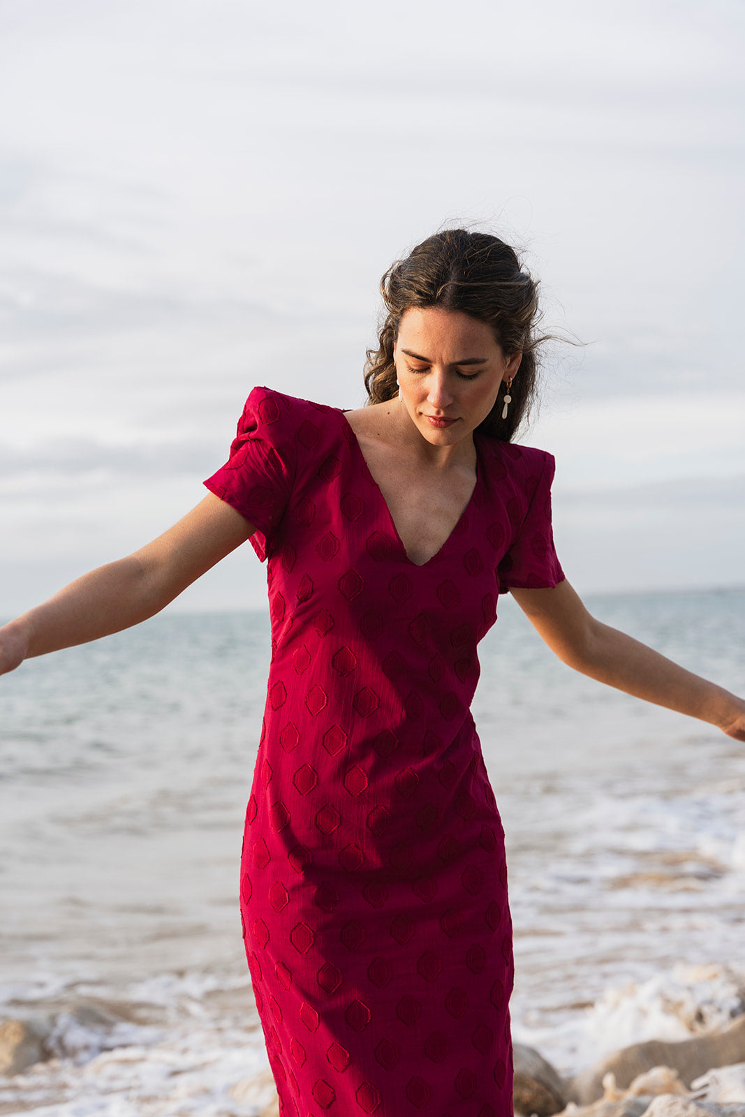 raspberry red dress Red Berry Tencel Plunge V-neck A-line butterfly Sleeve Dress Aulieude